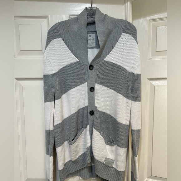Express men’s‎ button up gray white stripes knit cardigan Sweater preppy large - Picture 1 of 10
